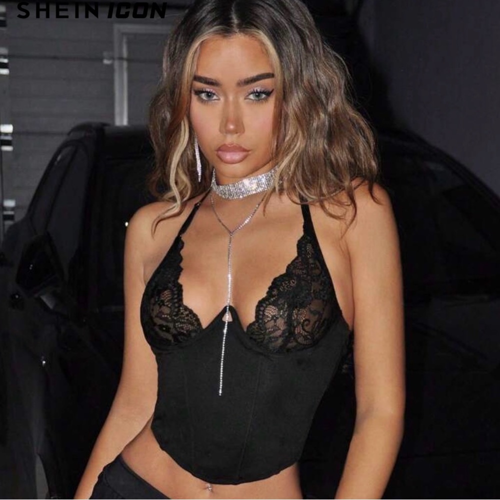 SHEIN Black Lace Corset Cami with Scallop Cups